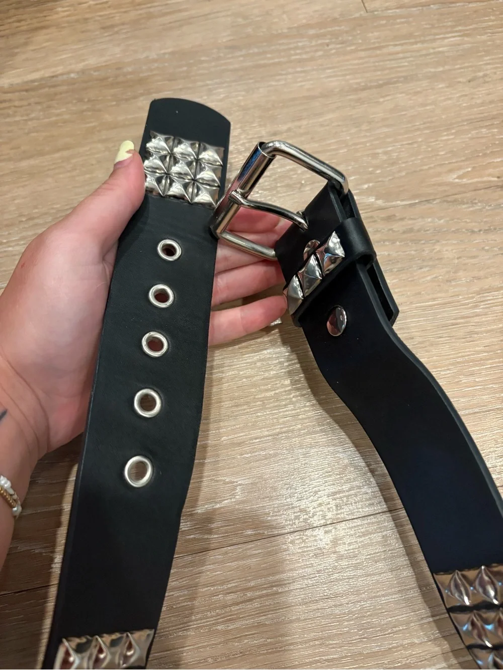 Black Studded Leather Belt - Silver Pyramid Hardware
